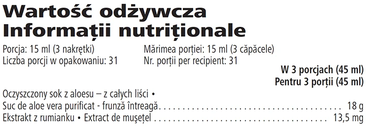 Herbalife Băutură Concentrată Herbal Aloe Vera Informaţii nutriţionale
